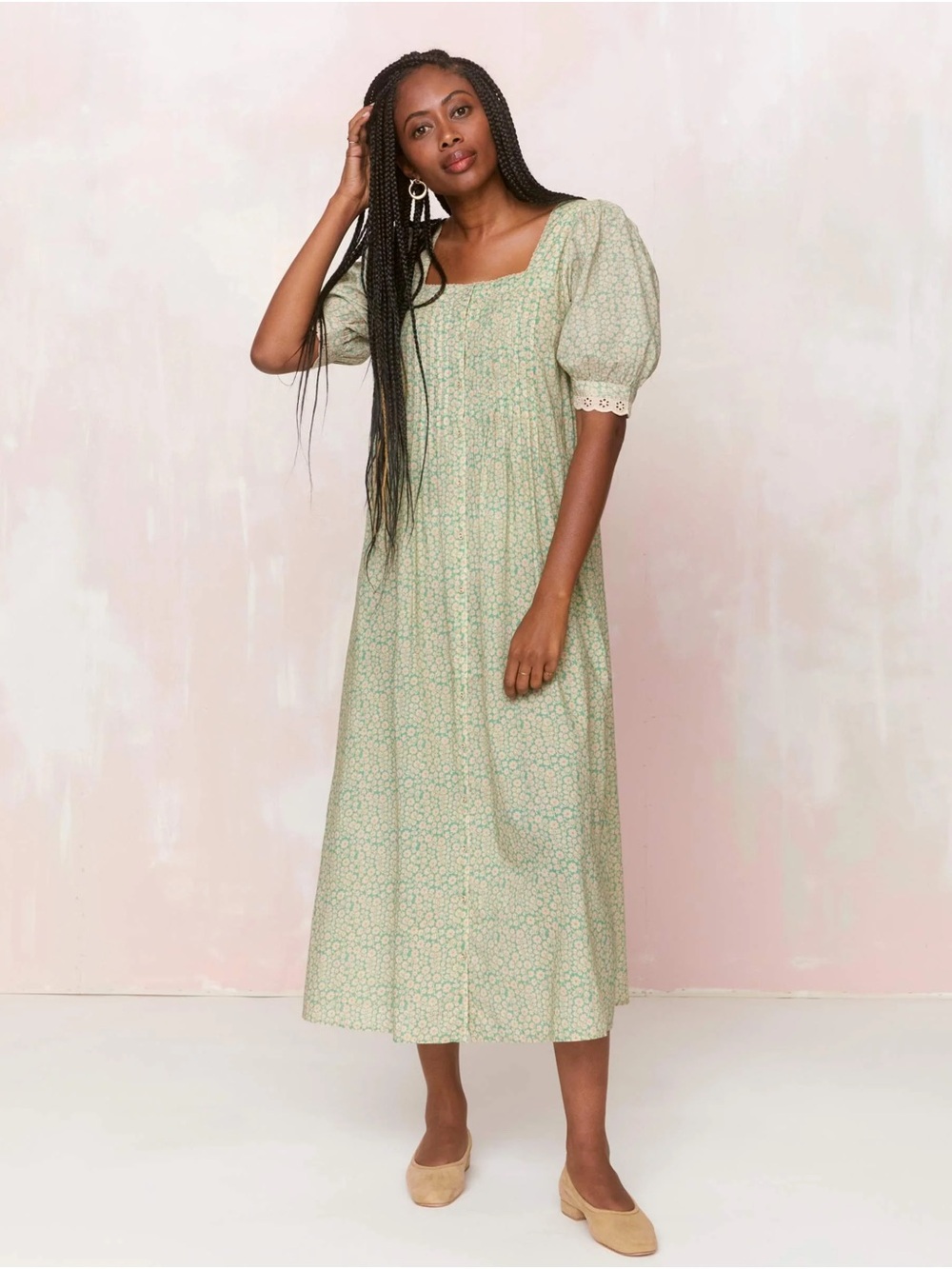 Christy Dawn rain Light Green Floral Puff-Sleeve Midi Dress xl